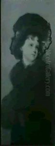 Portrait Of A Young Girl, Standing Three-quarter Length     In A Crimson Coat With A Fur Collar And Muff