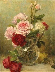 A Vase Of Carnations; A Vase Of Roses (a Pair) by Gustave Bienvetu