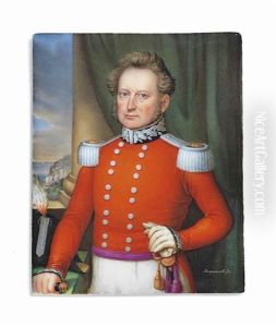 An Officer, In Red Coat; Green Curtain And Seascape Background