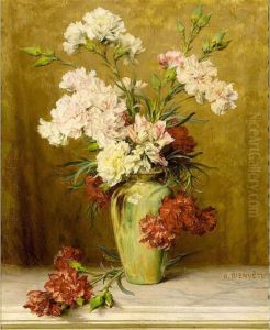 A Still Life With Carnations In A Green Vase