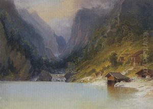 Gebirgsee Mit Bauern- Und Bootshausern Gebirgsee Mit Bauern- Und Bootshausern