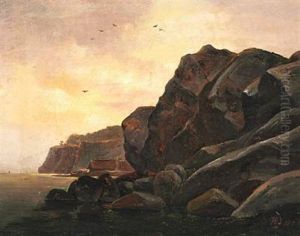 Rocky Norwegian Coast With Fishing Huts And Circling Birds by Christian Bernhard Morgenstern