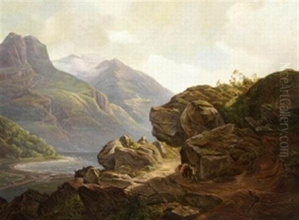 Norwegische Landschaft Mit Gebirgspfad Und Seeufer - view 1