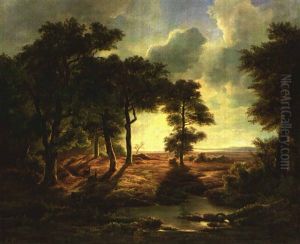 Voralpenlandschaft Gegen Sonnenuntergang; Ein Kleiner Eichenwald Mit Hirschen Voralpenlandschaft Gegen Sonnenuntergang; Ein Kleiner Eichenwald Mit Hirschen