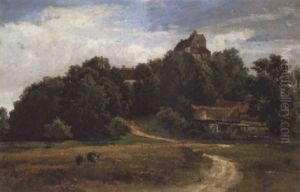 Landskab Med Huse Pa En Skovbeklaedt Hoj by Christian Bernhard Morgenstern