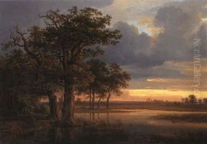 Landschaft Mit Alten Eichen Bei Sonnenuntergang Landschaft Mit Alten Eichen Bei Sonnenuntergang
