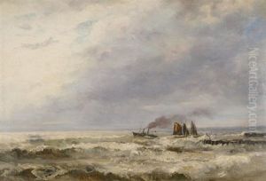 Ostende. Ein Dampfschiff Und Segelboote Auf Rauher See Vor Der Kuste by Friedrich Ernst Morgenstern