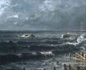 Die Mole Von Nieuport/belgien An Einem Sturmischen Tag by Friedrich Ernst Morgenstern