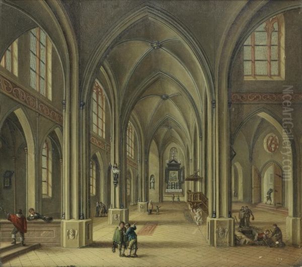 A Church Interior With Figures In 17th Century Costume, Including Grave Diggers Creating A Tomb - view 1