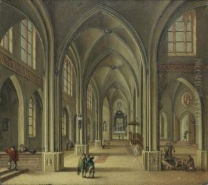 A Church Interior With Figures In 17th Century Costume, Including Grave Diggers Creating A Tomb