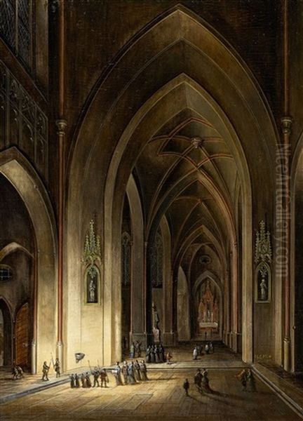 A Gothic Church Interior By Night - view 1
