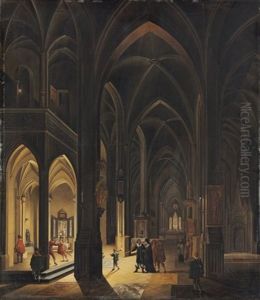 The Interior Of A Gothic Cathedral By Torch And Candlelight by Johann Ludwig Ernst Morgenstern