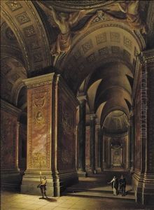 A Baroque Church Interior With Two Elegant Figures Conversing And A Young Man Holding A Torch by Johann Ludwig Ernst Morgenstern