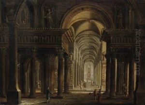 Weitlaufiges Kircheninterieur Mit Staffagefiguren Weitlaufiges Kircheninterieur Mit Staffagefiguren