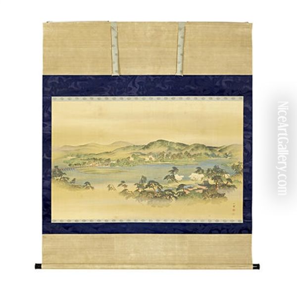 Depicting A Panoramic View Of Uji, Near Kyoto, Showing Hoo-do (phoenix Hall) Set Within The Precincts Of Byodo-in, On The Far Right Corner By The Uji River, With Travellers Crossing The Bridge On The The Far Left And Undulating Hillocks In The Distance - view 1