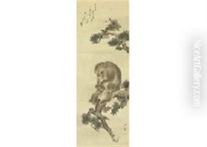 Mother And Child Of Monkey On Pine Tree by Sosen Mori