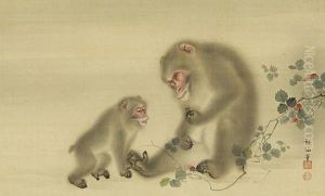 Untitled (two Monkeys Beside A Trailing Fruiting Vine Of Kiichigo (japanese Raspberry)) by Sosen Mori