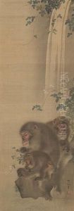 Kakejiku (three Monkeys Seated On A Rock Beneath Akebi (chocolate Vine), The Child Grooming Its Mother's Leg) by Sosen Mori