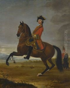 An Equestrian Portrait Of An Officer Of The 1st Troop Of Horse Grenadier Guards On A Bay Charger, With A Trooper To The Right by David Morier