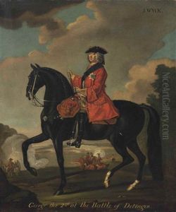 Equestrian Portrait Of King George Ii (1683-1760), In A Scarlet Coat And Breastplate, Wearing The Ribbon And Star Of The Garter, At The Battle Of Dettingen by David Morier