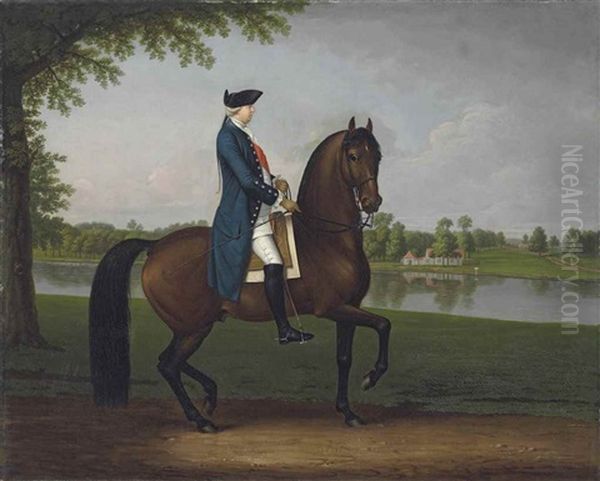Equestrian Portrait Of Prince William Augustus, Duke Of Cumberland (1721-1765), Full-length, Mounted On His Bay Charger, In A Blue Coat, White Breeches, Black Hat And The Sash Of The Order Of The Bath, A View Of The River Thames Beyond - view 1