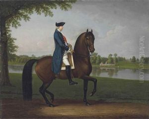 Equestrian Portrait Of Prince William Augustus, Duke Of Cumberland (1721-1765), Full-length, Mounted On His Bay Charger, In A Blue Coat, White Breeches, Black Hat And The Sash Of The Order Of The Bath, A View Of The River Thames Beyond by David Morier