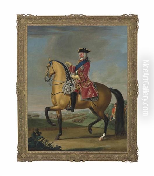 Equestrian Portrait Of King George Ii (1683-1770), In A Red Velvet Coat With Gold Embroidery, In A Landscape With A Military Camp And Infantry Beyond - view 1