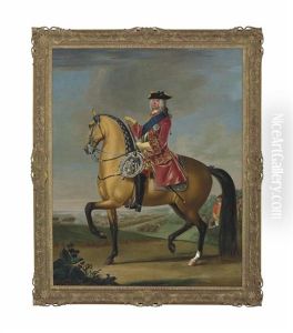 Equestrian Portrait Of King George Ii (1683-1770), In A Red Velvet Coat With Gold Embroidery, In A Landscape With A Military Camp And Infantry Beyond