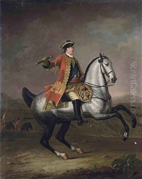 Equestrian Portrait Of Prince William Augustus, Duke Of Cumberland, In A Scarlet Military State Coat With The Ribbon Of The Garter, With Infantry... - view 1