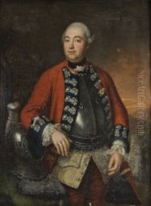 Portrait Of A Military Officer Wearing A Red Coat With Dark Blue And Lace Froggings Above A Breast Plate, A Plumed Helm Beside Him