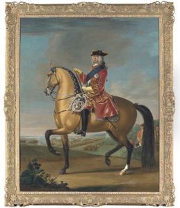 Equestrian Portrait Of King George Ii, In A Red Velvet Coat With Gold Embroidery, In A Landscape With A Military Camp And Infantry Beyond (collab. W/studio)