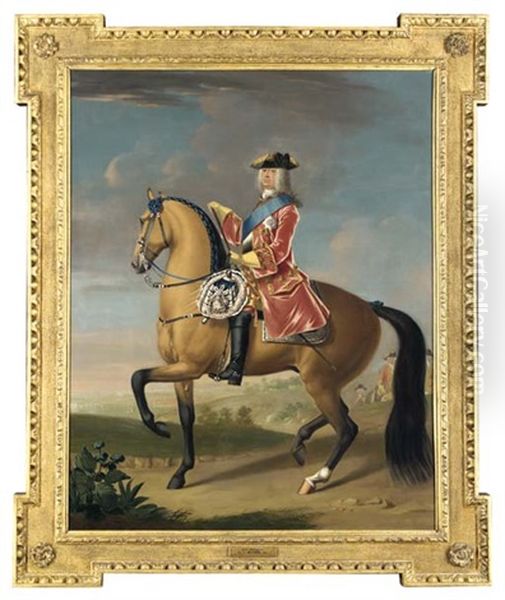 Equestrian Portrait Of King George Ii In A Landscape With A Military Camp And Infantry Beyond - view 1