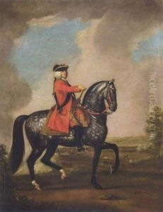 Equestrian Portrait Of King George Ii Mounted On His Grey Charger, The Battle Of Dettingen Beyond by David Morier