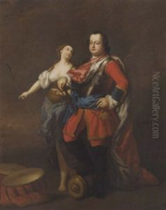 Portrait Of William Augustus, Duke Of Cumberland In Uniform, Wearing The Star Of The Garter, On A Battlefield Being Armed By Bellona by David Morier