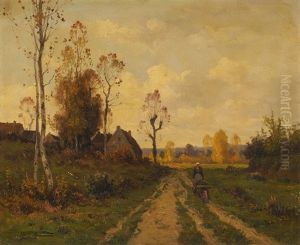 Landschaft Mit Feldweg Und Bauerin by Adolphe Morin