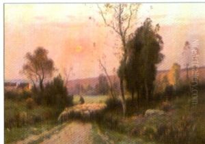 Schafer Mit Seiner Herde Bei Abendstimmung by Adolphe Morin