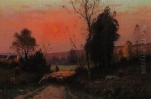 Schafer Mit Seiner Herde Bei Abendstimmung by Adolphe Morin