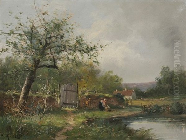 Fruhlingslandschaft Mit Bauerin Am Teich - view 1