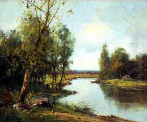 Wooded Lowland River With Cottage And A Village Beyond by Edma Morisot