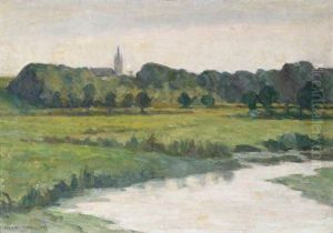 Sommerlandschaft, Im Hintergrund Zwischen Den Baumen Ein Kirchturm