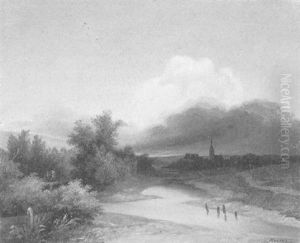 Fluschen In Der Nahe Einer Stadt Im Abendrot by Friedrich Wilhelm Moritz