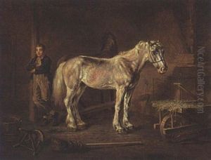 Two Horses And A Groom In A Stable by Louis Moritz
