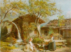 Zwei Wascherinnen Am Brunnen by William Moritz