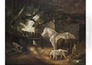 Horses, A Pig And A Dog In A Farmyard by George Morland