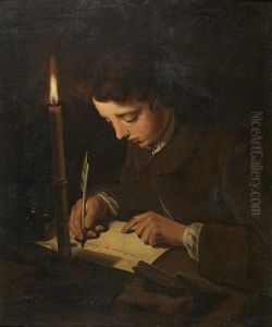 A Boy Writing A Letter By Candlelight