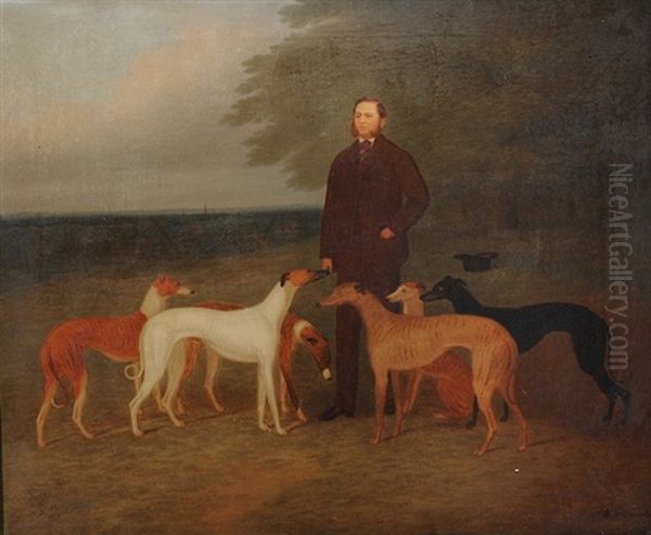 Portrait Of George Darlinson And Five Of His Greyhounds In A Rural Landscape - view 1