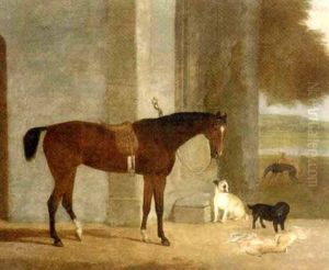 A Dark Brown Horse Tethered To An Arch With Dogs In A Landscape A Dark Brown Horse Tethered To An Arch With Dogs In A Landscape