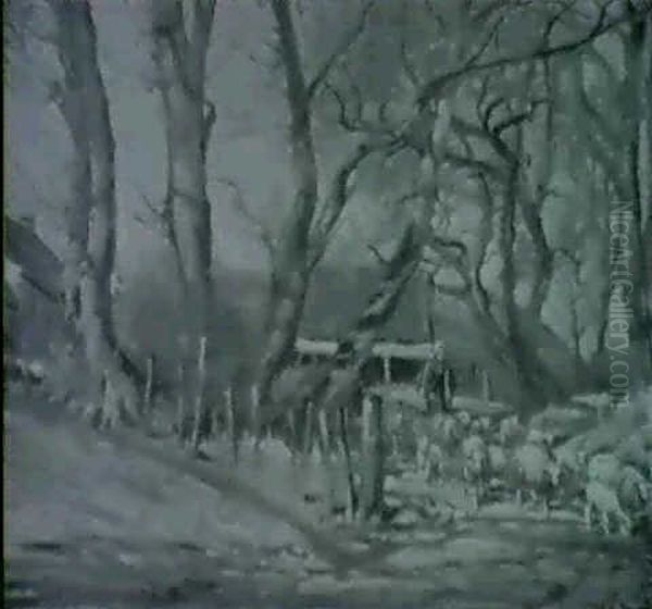A Shepherdes Driving Her Flock Out Of A Farmyard - view 1
