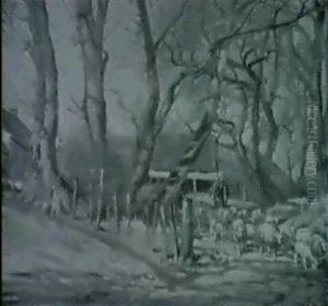 A Shepherdes Driving Her Flock Out Of A Farmyard by Henry Morley