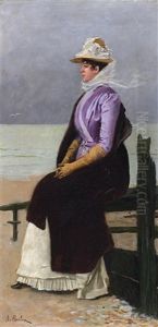 Elegante Dame, Am Strand Sitzend by Paul Emile Antony Morlon